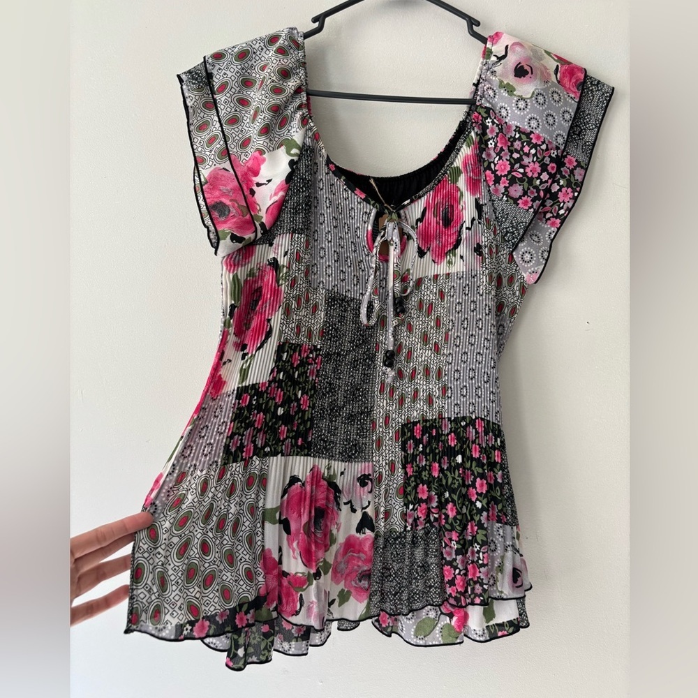 Y2K Fairy Black Pink Floral Patchwork Ruffle Retro Short Sleeve Whimsigoth Top